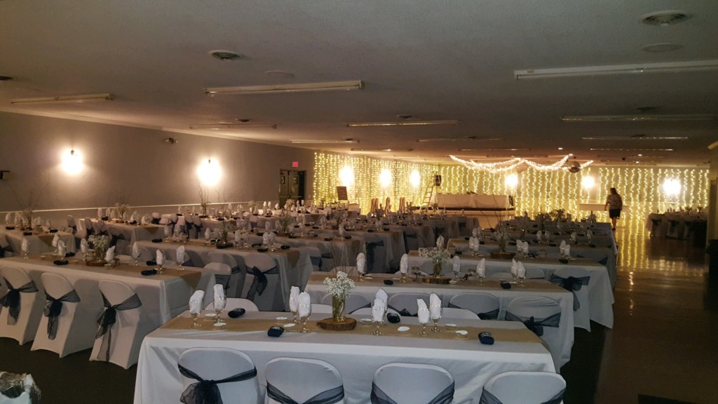 View the banquet hall set up for a Wedding Reception